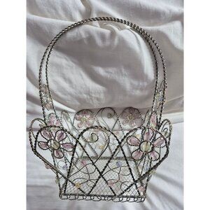 Vintage Wire Mesh Basket W/ Whimsical Floral Beaded Accents - Quirky Cottage Dec